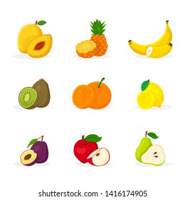 Tropical fruits vector illustrations set. Sliced exotic pineapple, banana, kiwi. Raw shiny pear and apple isolated cliparts. Cut apricot and plum with kernel. Juicy citrus fruits flat design elements