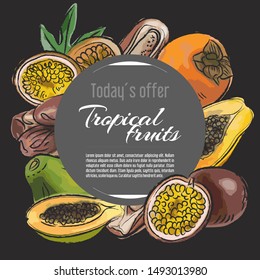 Tropical fruits vector menu design templates. Vector fruit illustration with hand drawn doodles for greeting card, banner	
