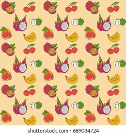 Tropical Fruits Vector Pattern cartoon colored on Yellow Background