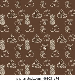 Tropical Fruits Vector Pattern  Line Single Color on Brown Background