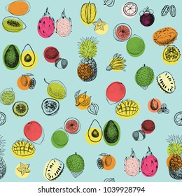 Tropical fruits vector seamless pattern