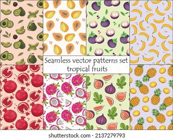 Tropical fruits. Vegan seamless patterns with vector avocado, dragon fruit, papaya, pineapple, banana, pomegranate, mangosteen, fig, organic fruit or vegetarian food. 