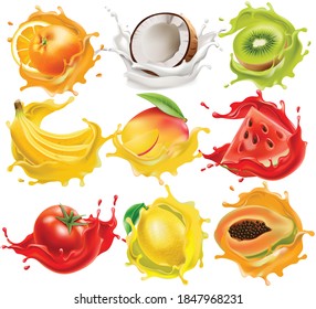tropical fruits and vegetables splashing in juice. Orange, coconut, kiwi, banana, mango, watermelon, tomato, lemon and papaya. Realistic 3D mockup product placement. Vector