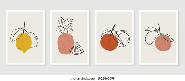 Vector de fondo de arte de la pared de frutas tropicales.  Plantas de boho dibujadas a mano, hojas y diseño de líneas artísticas para tarjetas artísticas de verano, portadas de folletos, invitación, papel pintado, huellas de lienzo y afiche.