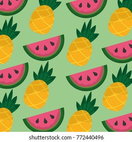 tropical fruits watermelon and pineapple seamless pattern