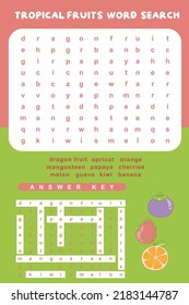 Tropical Fruits Word Search worksheet. Educational worksheet for preschool. Vector illustration file.