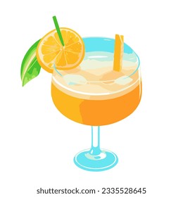 Tropical fruity yellow cocktail of orange, mango, pineapple, banana, passion fruit, melon. Stem glass with juice, straw, orange slice and mint leaf. Vector