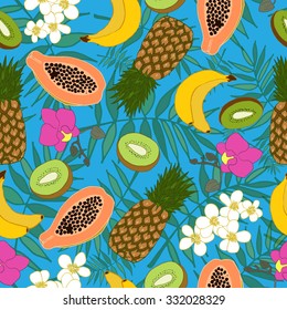 Tropical frutits and leaves vector background