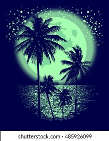 Tropical Full Moon over the ocean. Reflection of palm trees and tropical moon night. Vector