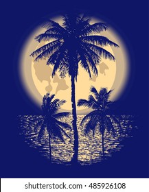 Tropical Full Moon over the ocean. Reflection of palm trees and tropical moon night. Vector