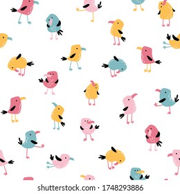 Tropical funny birds seamless pattern. Vector colorful parrots in simple flat hand-drawn cartoon style. Perfect for baby textile, clothing, wallpaper, packaging, etc