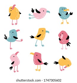 Tropical funny birds. Vector colorful parrots in simple flat hand-drawn cartoon style. Colorful isolate characters on a white background