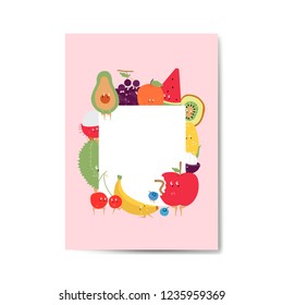 Tropical funny fruits cartoon character frame vector