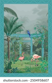 Tropical Garden Arch Flamingo landscape illustration. Jungle with arch Flamingos and Tropical leaves wallpaper.