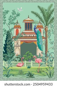 Tropical Garden Arch Flamingo landscape illustration. Jungle with arch Flamingos and Tropical leaves wallpaper.