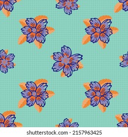Tropical garden flower seamless vector pattern background. Neon orange indigo blue painterly design on grid graph texture backdrop. Hand drawn bright country flowers .Cottagecore floral repeat