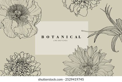 Tropical and garden flowers. Engraved background. Wedding background card floral decorative border. Thank you, rsvp, invitation elegant card illustration graphic set banner.
