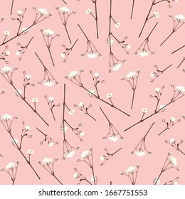 Tropical garden flowers plant seamless illustration. Simple herbal pattern with white flowers. Seamless fabric pink background.