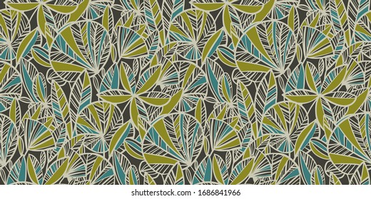 Tropical garden foliage seamless pattern for background, fabric, textile, wrap, surface, web and print design. Green greenhouse vintage vibes leaves tile motif. 
