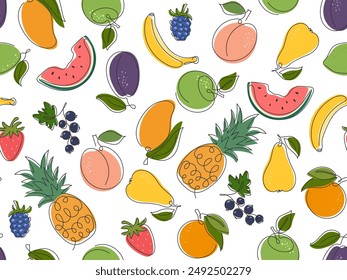 Tropical garden fruit berry seamless pattern. Doodle abstract outline food illustration. Healthy eating summer Background for package, textile, cover, menu design. 