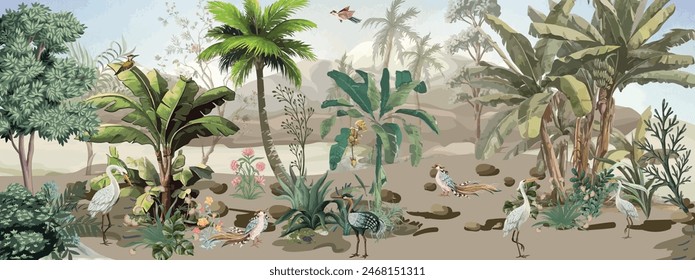 Ilustración de jardín tropical, pájaros, árbol de acuarela y fondo.