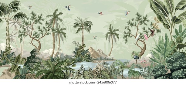 Tropical garden illustration, Jungal garden, Branch, tree, watercolor background. 