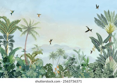 Tropical garden illustration, tropical jungle, Birds, Watercolor Background, Sky, watercolor tree.