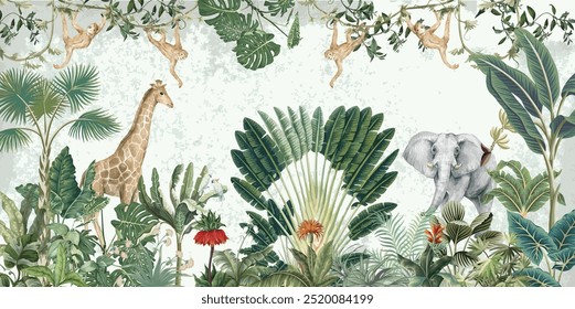 Tropical Garden Illustration, Kids Birthday Background Illustration, Birthday Backdrop, Animals, Watercolor Background.