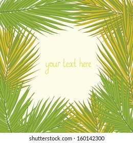 Tropical garden image. Palm tree leaves with a place for your text. Beautiful garden card design. Cute fully editable  illustration drawn in vector by hand. 