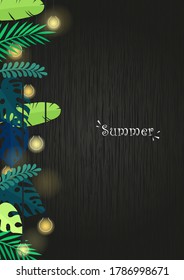Tropical garden with light party at night frame decoration for summer holiday events.