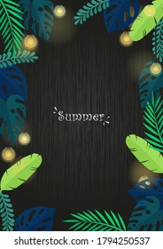 Tropical garden with light party at night frame decoration for summer holiday events.