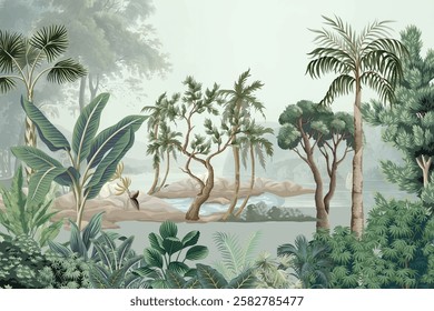 Tropical Garden Mural Wallpaper, Garden Background, Wallpaper for Decoration, Home Decore Background.