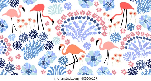 Tropical garden. Seamless vector pattern with flamingo and exotic flowers.