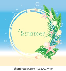 Tropical garden with starfish and seashell border on beach background vector for decoration on summer events.