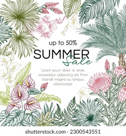 Tropical garden vector frame in engraving style. Anthurium, aralia, protea, palm leaves, fern, orchid, livistona, vriesia, sabal