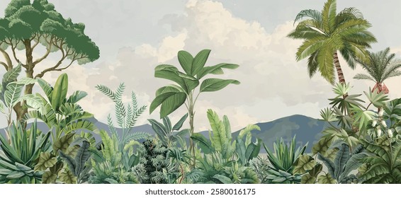 Tropical garden wall Mural Illustration, Tropical Background, Watercolor Background.