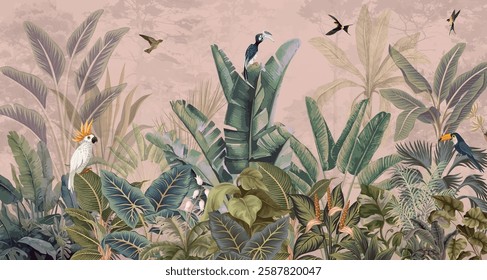 Tropical Garden Wall Mural Illustration, Wallpaper, Mughal Garden wall Mural, Birds, Peacock