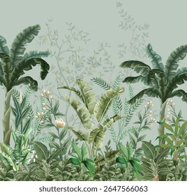 Tropical Garden Wall Mural Illustration, Tropical Garden Wallpaper, Plam Tree, Watercolor Background,