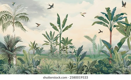 Tropical Garden Wall Mural,Sukoon Luxury Wallpapers for Premium Homes, Watercolor Background.