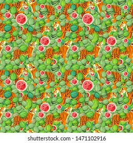 Tropical garden and wild cats and juicy watermelons. Seamless pattern on summer t-shirt. Tigers in the green walk in nature