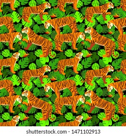 Tropical garden and wild cats. Seamless pattern on summer t-shirt. Tigers in the green walk in nature
