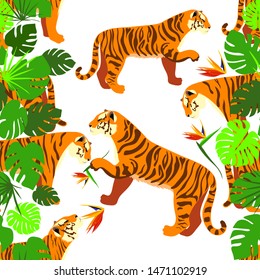 Tropical garden and wild cats. Seamless pattern on summer t-shirt. Tigers in the green walk in nature