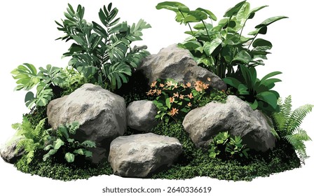 tropical gardening set, green mossy rock background, vector illustration, lush nature, greenery design, tropical plants, vibrant outdoor garden, botanical scenery.