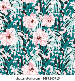 Tropical Garden.Seamless Pattern Print with Palm Leaves and Rich Flowers . Fashion Texture 