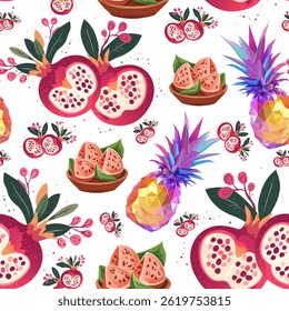 Tropische Edelfrucht nahtloses Muster mit Granatapfel und Ananas. Farbiges Kristallfruchtmuster mit Wassermelone und Granatapfel