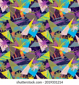 Tropical geometry seamless pattern with chaotic palms, triangle elements