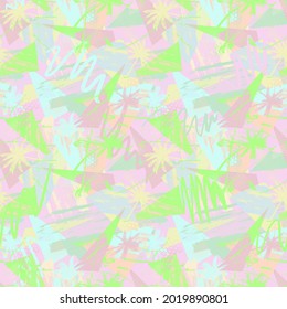 Tropical geometry seamless pattern with chaotic palms, triangle elements