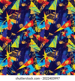 Tropical geometry seamless pattern with chaotic palms, triangle elements