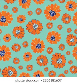 Tropical Gerbera floral vector seamless pattern background. Line art hand drawn Barberton Daisy flower heads, blossom, petals. On blue backdrop .Botanical flowers repeat for garden concept, packaging