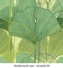 Tropical ginkgo biloba leaves. Hand Drawn Seamless Vector Pattern.